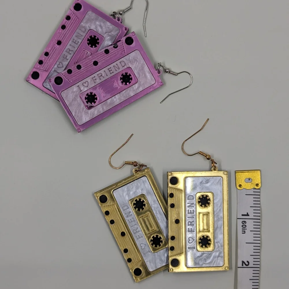 Hot Pink & Neon Acrylic "I ❤️ Friends" Cassette Tape Earrings (Set) - Picture 3 of 4